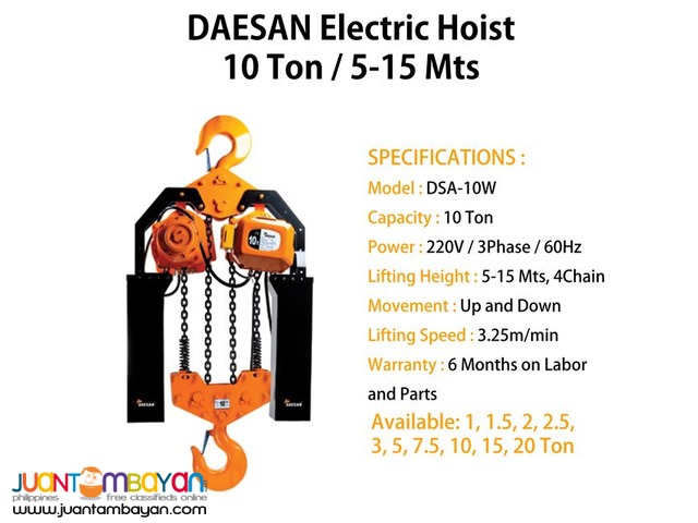 Electric Hoist 10 Ton Hook Suspension (Made In Korea)