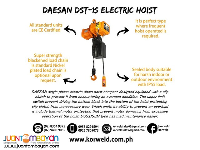 Electric Hoist 1 Ton Hook Suspension Type (Made In Korea)