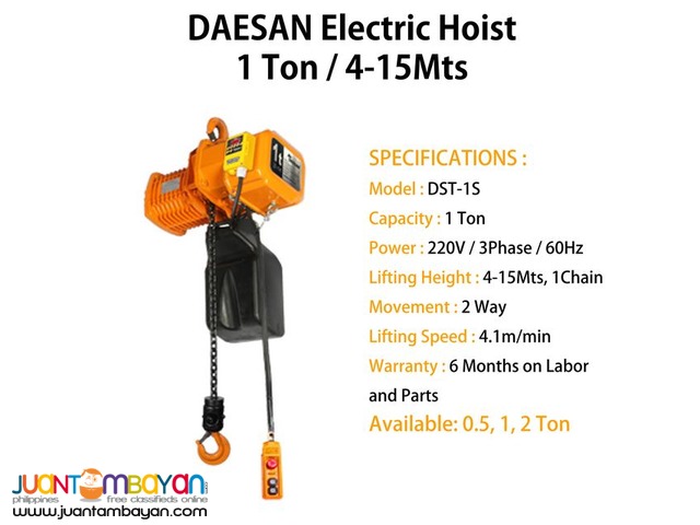 Electric Hoist 1 Ton Hook Suspension Type (Made In Korea)