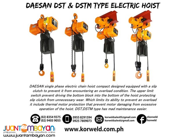 Electric Hoist 1 Ton Hook Suspension Type (Made In Korea)