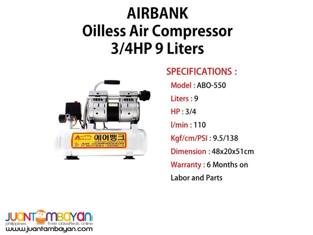 Oilless Air Compressor 3/4HP 9Liters