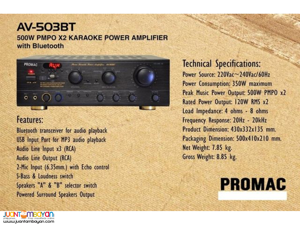 500W PMPO X2 Promac Karaoke Power Amplifier With Bluetooth