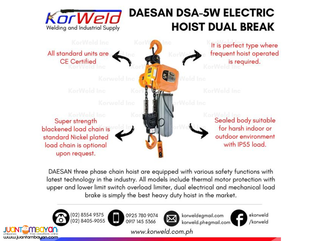 DSA-5W DAESAN Electric Chain Hoist Hook Suspension Type 5 Tons