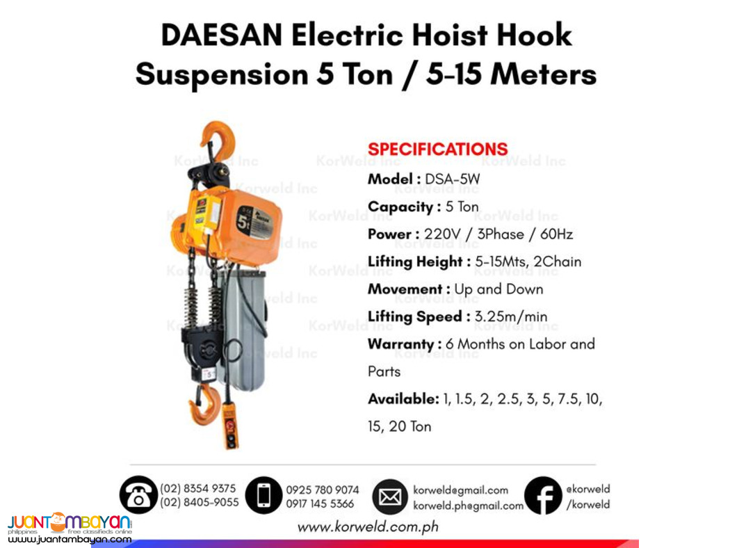 DSA-5W DAESAN Electric Chain Hoist Hook Suspension Type 5 Tons